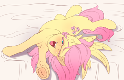 Size: 3105x1995 | Tagged: safe, artist:alcor, imported from derpibooru, fluttershy, pegasus, pony, bed, behaving like a cat, blanket, cute, frog (hoof), lidded eyes, looking at you, messy mane, morning ponies, one eye closed, open mouth, shyabetes, solo, stretching, teeth, tongue out, underhoof, wings, yawn