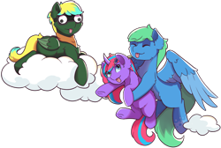 Size: 3361x2254 | Tagged: safe, artist:morrigun, derpibooru exclusive, imported from derpibooru, oc, oc only, pegasus, pony, unicorn, derpibooru community collaboration, 2024 community collab, clothes, cloud, eyes closed, eyes open, female, flying, goggles, googly eyes, horn, looking at you, lying down, male, mare, pegasus oc, scarf, simple background, stallion, tongue out, transparent background, unicorn oc, wings