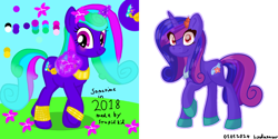 Size: 4000x2000 | Tagged: safe, artist:lindasaurie, imported from derpibooru, oc, oc only, pony, unicorn, armband, base used, clothes, colored lineart, eye clipping through hair, female, flower, flower in hair, horn, jewelry, looking at you, magic, mare, necklace, old art, old oc, raised hoof, redraw, shoes, signature, smiling, solo, telekinesis, text, unicorn oc