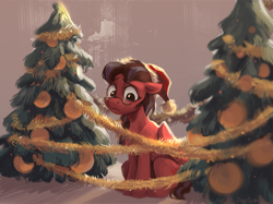 Size: 1455x1088 | Tagged: safe, artist:jewellier, imported from derpibooru, oc, oc only, oc:july red pencil, pegasus, pony, abstract background, christmas, christmas tree, female, floppy ears, glasses, hat, holiday, looking down, mare, pegasus oc, santa hat, sitting, solo, tinsel, tree, wings