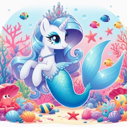 Size: 1024x1024 | Tagged: safe, imported from derpibooru, rarity, fish, mermaid, merpony, seapony (g4), starfish, turtle, unicorn, ai content, ai generated, beautiful, blue mane, blue tail, bubble, coral, crepuscular rays, crown, cute, eyelashes, eyeshadow, female, fins, fish tail, flowing mane, flowing tail, gem, generator:dall-e 3, horn, jewelry, lidded eyes, makeup, mare, necklace, ocean, pearl necklace, prompter:bellaswangirl71, regalia, scales, seaponified, seapony rarity, seashell, seaweed, smiling, solo, sparkles, species swap, stars, sunlight, swimming, tail, underwater, water, wings