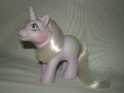 Size: 640x480 | Tagged: safe, imported from derpibooru, baby snookums, pony, unicorn, female, filly, foal, g1, horn, photo, solo, tail