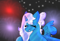 Size: 2360x1640 | Tagged: safe, artist:stormbolts, imported from derpibooru, oc, oc only, oc:fleurbelle, alicorn, pony, alicorn oc, bow, female, fireworks, hair bow, happy, happy new year 2024, horn, mare, new year, night, solo, wings