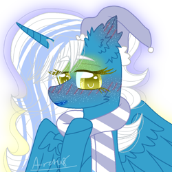 Size: 1000x1000 | Tagged: safe, artist:arctusthegoddess, imported from derpibooru, oc, oc only, oc:fleurbelle, alicorn, pony, alicorn oc, blushing, clothes, female, hat, horn, mare, scarf, simple background, solo, striped scarf, transparent background, wings, yellow eyes