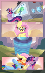 Size: 2560x4096 | Tagged: safe, artist:kebchach, imported from derpibooru, fluttershy, rainbow dash, twilight sparkle, pegasus, pony, unicorn, art pack:welcum to birthday artpack, comic:hurricane sluttershy, hurricane fluttershy, blushing, chest fluff, comic, female, flutterdash, goggles, human shoulders, lesbian, looking at someone, missing cutie mark, open mouth, shipping, smiling, tornado