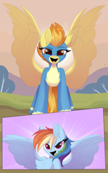 Size: 2560x4096 | Tagged: safe, artist:kebchach, imported from derpibooru, rainbow dash, spitfire, pegasus, pony, art pack:welcum to birthday artpack, comic:hurricane sluttershy, hurricane fluttershy, clothes, looking at each other, looking at someone, open mouth, smiling, spread wings, uniform, wings, wonderbolts uniform