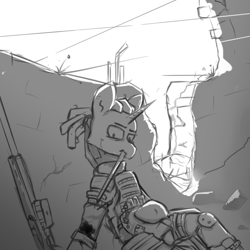 Size: 1000x1000 | Tagged: safe, artist:chgnk3r, imported from derpibooru, oc, oc only, pony, unicorn, armor, armored pony, black and white, clothes, fight, grayscale, gun, injured, male, military, military uniform, monochrome, solo, uniform, weapon