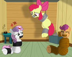 Size: 5000x4006 | Tagged: safe, artist:cardshark777, imported from derpibooru, apple bloom, scootaloo, sweetie belle, earth pony, pegasus, pony, unicorn, arm behind back, blank flank, bondage, bound and gagged, bow, box, cabinet, captive, clubhouse, crusaders clubhouse, cutie mark crusaders, duct tape, eyes closed, female, filly, flower, foal, gag, hair bow, hanging, helpless, hooves behind back, horn, horn ring, jewelry, looking at each other, looking at someone, looking down, looking up, magic suppression, mummification, ring, shading, struggling, suspended, suspension bondage, tape, tape bondage, tape gag, tied up, trio, vase