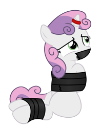 Size: 1500x1889 | Tagged: safe, artist:cardshark777, imported from derpibooru, sweetie belle, pony, unicorn, arm behind back, bondage, bound and gagged, captive, digital art, female, filly, foal, gag, helpless, hooves behind back, horn, horn ring, jewelry, looking up, magic suppression, ring, simple background, sitting, solo, tape, tape bondage, tape gag, transparent background