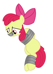 Size: 1500x2074 | Tagged: safe, artist:cardshark777, imported from derpibooru, apple bloom, earth pony, pony, arm behind back, bondage, bound and gagged, captive, digital art, female, filly, foal, gag, helpless, hooves behind back, looking down, simple background, solo, tape, tape bondage, tape gag, transparent background