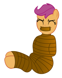 Size: 1500x1891 | Tagged: safe, artist:cardshark777, imported from derpibooru, scootaloo, pegasus, pony, arm behind back, bondage, bound and gagged, captive, digital art, eyes closed, female, filly, foal, gag, helpless, hooves behind back, looking down, mummification, mummified, simple background, solo, tape, tape bondage, tape gag, transparent background, wrapped up