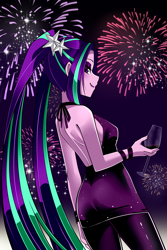 Size: 2000x3000 | Tagged: safe, artist:nekojackun, imported from derpibooru, aria blaze, equestria girls, alcohol, arse-ia blaze, bare shoulders, bedroom eyes, breasts, eyeshadow, female, fireworks, glass, happy new year 2024, looking at you, makeup, new year, open-back dress, pigtails, reasonably sized breasts, side view, sideboob, smiling, solo, twintails, wine, wine glass