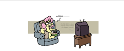 Size: 3125x1302 | Tagged: safe, artist:punkittdev, imported from derpibooru, fluttershy, pegasus, pony, cat food, chair, female, flutterhigh, high, lidded eyes, mare, simple background, sitting, solo, television, the golden girls, white background