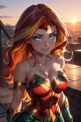 Size: 1024x1536 | Tagged: safe, editor:sammykun, imported from derpibooru, sunset shimmer, human, ai content, ai generated, armor, bracer, breasts, busty sunset shimmer, cleavage, clothes, cosplay, costume, dc comics, dc superhero girls, female, generator:yodayo, gold, humanized, long hair, looking at you, metal, prompter:sammykun, reasonably sized breasts, shiny, smiling, solo, sun, wonder woman