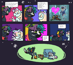 Size: 1124x1006 | Tagged: safe, artist:necronyancy, imported from derpibooru, oc, oc only, pegasus, unicorn, black background, christmas, comic, female, females only, holiday, horn, joke, pegasus oc, simple background, unicorn oc, wings