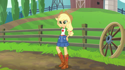 Size: 1920x1080 | Tagged: safe, artist:twilirity, imported from derpibooru, applejack, human, equestria girls, applejack's hat, barn, boots, clothes, cowboy hat, farm, female, fence, hat, shoes, solo