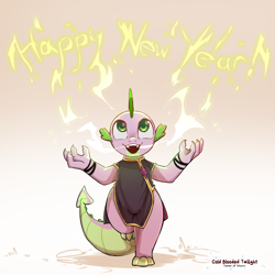 Size: 1200x1200 | Tagged: safe, artist:cold-blooded-twilight, imported from derpibooru, spike, dragon, chinese dress, clothes, crossdressing, dress, fangs, fire, happy new year 2024, magic, raised leg, wide hips, year of the dragon