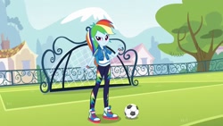 Size: 1920x1080 | Tagged: safe, artist:twilirity, imported from derpibooru, rainbow dash, human, equestria girls, clothes, converse, female, football, goal, jacket, pants, shirt, shoes, sneakers, soccer field, solo, sports