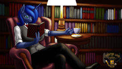 Size: 7680x4320 | Tagged: safe, artist:tsaritsaluna, imported from derpibooru, princess luna, alicorn, anthro, armchair, book, bookshelf, chair, clothes, cup, female, lamp, mare, necktie, reading, shoes, sitting, solo, waistcoat