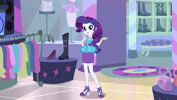 Size: 1920x1080 | Tagged: safe, artist:twilirity, imported from derpibooru, rarity, human, equestria girls, boutique, clothes, female, high heels, rarity peplum dress, shoes, solo