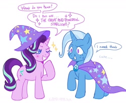 Size: 1624x1331 | Tagged: safe, artist:xxb4d_4ppl3xx, imported from derpibooru, trixie, pony, unicorn, accessory swap, blushing, cape, clothes, dialogue, duo, hat, looking at each other, looking at someone, one eye closed, simple background, smiling, smiling at each other, standing, text, the great and powerful, trixie's cape, trixie's hat, white background, wink