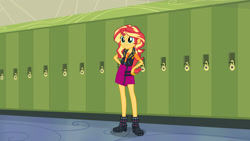 Size: 1920x1080 | Tagged: safe, artist:twilirity, imported from derpibooru, sunset shimmer, human, canterlot high, female, hallway, lockers, solo