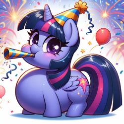 Size: 1024x1024 | Tagged: safe, imported from derpibooru, twilight sparkle, ai content, ai generated, fat, happy new year, holiday, prompter:inflationvideotv, twilard sparkle