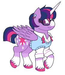 Size: 930x1070 | Tagged: safe, artist:necronyancy, imported from derpibooru, twilight sparkle, alicorn, pony, clothes, ear piercing, glasses, piercing, redesign, simple background, smiling, solo, twilight sparkle (alicorn), white background