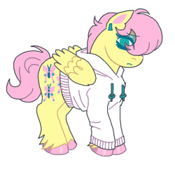 Size: 918x890 | Tagged: safe, artist:necronyancy, imported from derpibooru, fluttershy, pegasus, pony, clothes, ear piercing, frown, hoodie, piercing, redesign, simple background, solo, unshorn fetlocks, white background