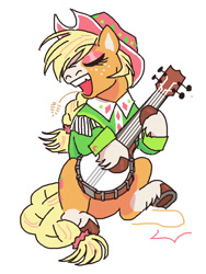 Size: 683x907 | Tagged: safe, artist:necronyancy, imported from derpibooru, applejack, earth pony, pony, banjo, clothes, eyes closed, freckles, hat, musical instrument, open mouth, redesign, simple background, sitting, smiling, solo, unshorn fetlocks, white background