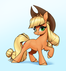 Size: 2320x2510 | Tagged: safe, artist:aquaticvibes, imported from derpibooru, applejack, earth pony, pony, applejack's hat, cowboy hat, female, gradient background, hat, looking at you, mare, smiling, smiling at you, solo