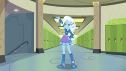 Size: 1920x1080 | Tagged: safe, imported from derpibooru, trixie, equestria girls, canterlot high, clothes, hallway, hoodie, lockers, shoes, socks, solo