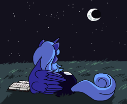 Size: 1011x835 | Tagged: safe, artist:necronyancy, imported from derpibooru, princess luna, alicorn, pony, book, lying down, moon, night, s1 luna, simple background, solo