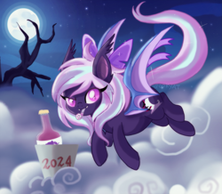 Size: 2599x2267 | Tagged: safe, artist:spookyle, imported from derpibooru, oc, oc:hollow mist, bat pony, pony, bat pony oc, bat wings, bow, dhampir, hair bow, happy new year, holiday, new year, night, solo, wings