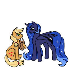 Size: 698x701 | Tagged: safe, artist:necronyancy, imported from derpibooru, applejack, princess luna, alicorn, earth pony, pony, duo, female, freckles, lesbian, looking at each other, looking at someone, lunajack, shipping, simple background, sitting, smiling, white background