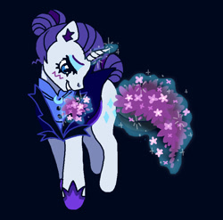 Size: 774x765 | Tagged: safe, artist:necronyancy, imported from derpibooru, rarity, pony, unicorn, alternate hairstyle, alternate timeline, black background, blushing, clothes, flower, jewelry, magic, necklace, night maid rarity, nightmare takeover timeline, simple background, smiling, solo