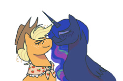 Size: 828x545 | Tagged: safe, artist:necronyancy, imported from derpibooru, applejack, princess luna, alicorn, earth pony, pony, applejack's hat, bust, cowboy hat, duo, eyes closed, female, freckles, hat, lesbian, lunajack, nuzzling, shipping, simple background, smiling, white background