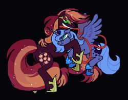 Size: 973x758 | Tagged: safe, artist:necronyancy, imported from derpibooru, applejack, princess luna, alicorn, earth pony, pony, black background, duo, female, freckles, frown, jewelry, lesbian, lunajack, nightmare applejack, nightmarified, regalia, s1 luna, shipping, simple background, smiling, smirk, spread wings, wings