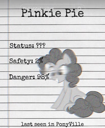 Size: 520x630 | Tagged: safe, artist:makikofox3535, imported from derpibooru, pinkie pie, earth pony, pony, grayscale, monochrome, paper, solo, wanted poster