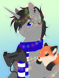 Size: 1900x2500 | Tagged: safe, artist:elberas, imported from derpibooru, oc, oc:black cross, fox, pony, unicorn, christmas, christmas lights, clothes, dualshock controller, ear piercing, holiday, piercing, scarf