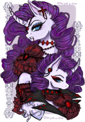 Size: 1030x1480 | Tagged: safe, artist:im-just-a-crow, imported from derpibooru, rarity, pony, undead, unicorn, vampire, blood, clothes, fangs, jewelry, makeup, solo