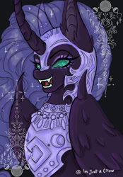 Size: 1030x1480 | Tagged: safe, artist:im-just-a-crow, imported from derpibooru, nightmare moon, alicorn, pony, black background, bust, jewelry, looking at you, open mouth, regalia, sharp teeth, simple background, smiling, solo, teeth