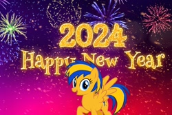 Size: 1200x800 | Tagged: safe, artist:mlpfan3991, imported from derpibooru, oc, oc:flare spark, pegasus, pony, 2024, female, happy new year, holiday, solo