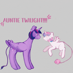 Size: 1280x1280 | Tagged: safe, artist:ponyvillez, imported from derpibooru, princess flurry heart, twilight sparkle, alicorn, pony, aunt and niece, auntie twilight, duo, eyes closed, flying, looking at each other, looking at someone, simple background, smiling, standing, text, twilight sparkle (alicorn)