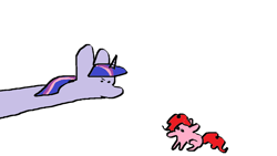 Size: 1152x648 | Tagged: safe, artist:ponyvillez, imported from derpibooru, pinkie pie, twilight sparkle, earth pony, pony, unicorn, duo, duo female, female, long neck, looking at each other, looking at someone, mare, pathetic, simple background, sketch, smol, stretching, unicorn twilight, white background