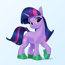 Size: 2700x2700 | Tagged: safe, artist:aquaticvibes, imported from twibooru, twilight sparkle, pony, unicorn, crocs, cute, female, gradient background, happy, image, looking at you, mare, png, smiling, smiling at you, solo, twiabetes, twilight crockle, unicorn twilight