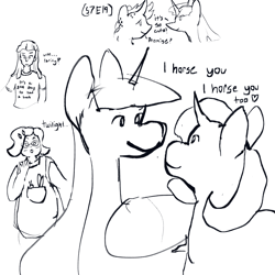 Size: 1280x1280 | Tagged: safe, artist:ponyvillez, imported from derpibooru, rarity, twilight sparkle, alicorn, human, pony, unicorn, duo, female, lesbian, looking at each other, looking at someone, monochrome, rarilight, shipping, smiling, text