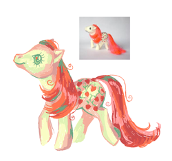 Size: 1438x1344 | Tagged: safe, artist:webkinzworldz, imported from derpibooru, sugarberry, earth pony, pony, closed mouth, female, g1, mare, photo, raised hoof, reference, simple background, smiling, solo, study, toy, toy interpretation, walking, white background