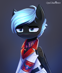 Size: 2555x2983 | Tagged: safe, artist:opal_radiance, imported from derpibooru, oc, oc:midnight lancer, pegasus, equestria at war mod, clothes, kofi, reward, solar, solo, uniform