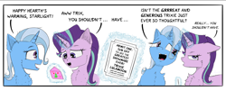 Size: 4000x1611 | Tagged: safe, artist:chopsticks, imported from derpibooru, starlight glimmer, trixie, pony, unicorn, cheek fluff, chest fluff, comic, dialogue, duo, ear fluff, female, floppy ears, hearth's warming, magic, magic aura, open mouth, present, simple background, starlight glimmer is not amused, telekinesis, text, unamused, white background